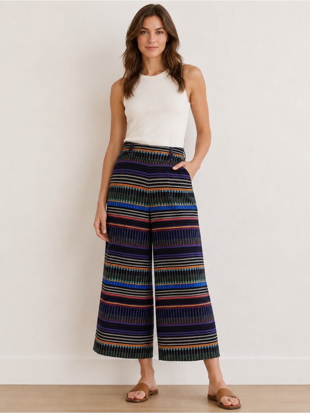LOFT Multicolor Striped Wide Leg Crop Pants Women’s Sz 6 NWT High Rise Culottes